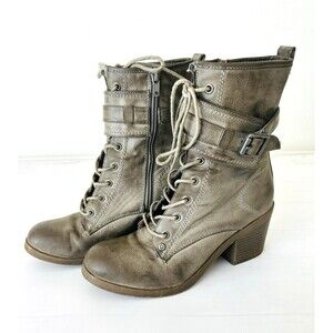 G by GUESS Women's Booties Gray Distressed Leather Combat Zip/Lace
